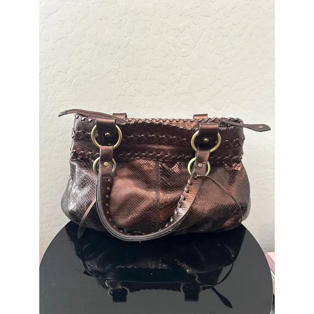 FRANCESCO Biasia Metallic Bronze Leather Snakeskin Embossed Braided Y2K Bag